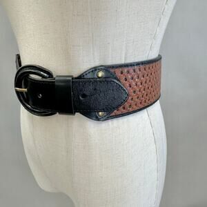 Justin Boots basketweave tooled leather western belt size 42 gold tone buckle‎